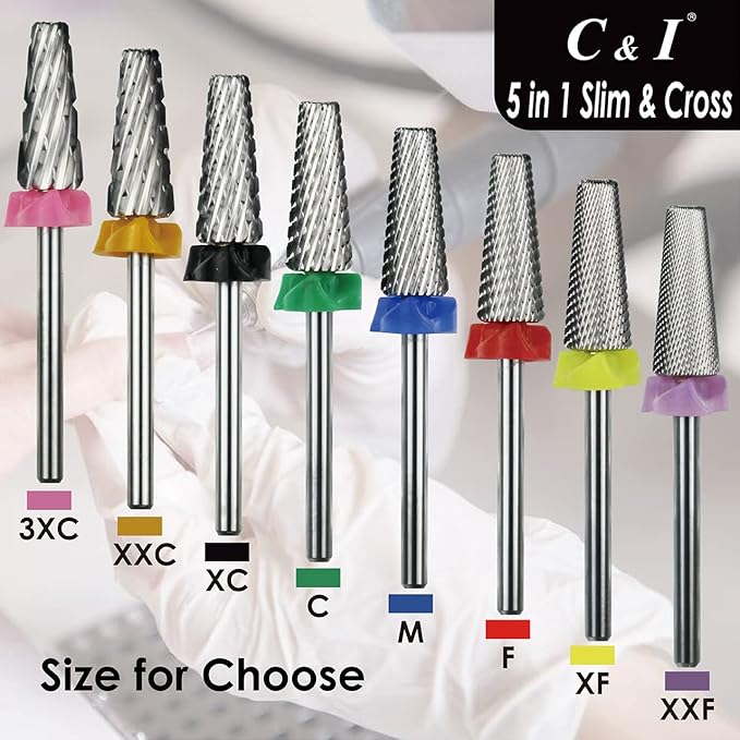 C & I 5 in 1 Nail Drill Bit, Cross & Slim Edition, Professional Nail Drills for Electric Manicure Drill Machine (Coarse -C)