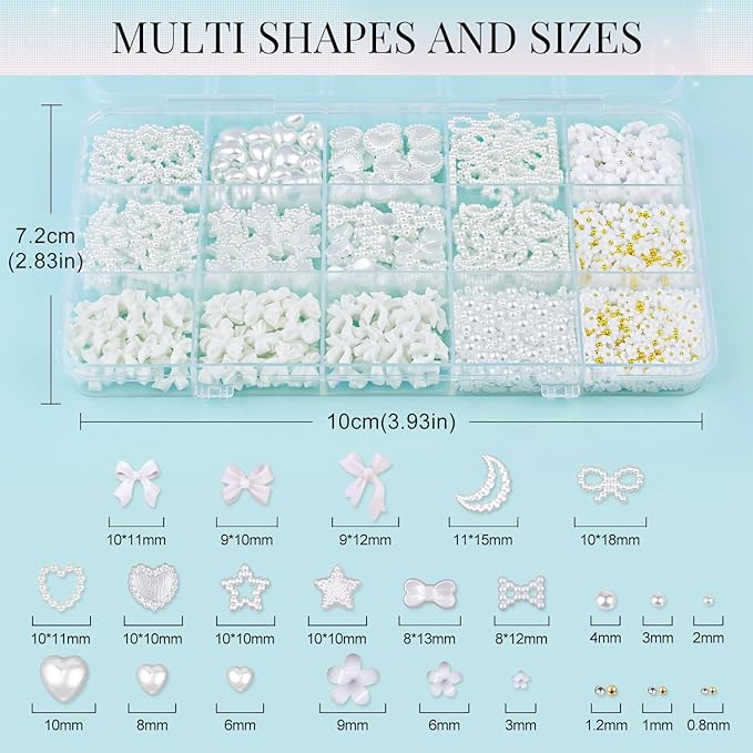 3D Nail Charms for Coquette Nails Design Set 3, White Nail Bows + Assorted Pearl Heart Star Moon Bowknot Cute Nail Jewels + 3D Flower Charms and Nail Pearls, with Picker Tools for Nail Decor