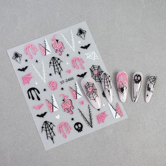 6 Sheets Halloween Nails Stickers Cute Mummy Pumpkin Nails Art Stickers 3D Self-Adhesive Supplies Nail Decal with French Tip Glitter Spider Web Design Nail Sticker for Nail Art Women's DIY Decoration