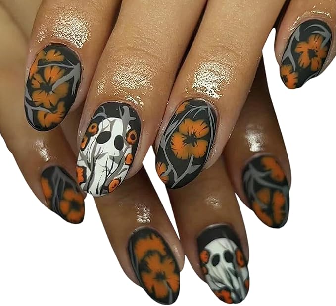 6 Pcs Halloween Nail Art Stickers Funny Ghost Nail Stickers Flower Bat and Spider Web Design Nail Decals Cute Pumpkin Nail Sticker Decorations for Women Manicure