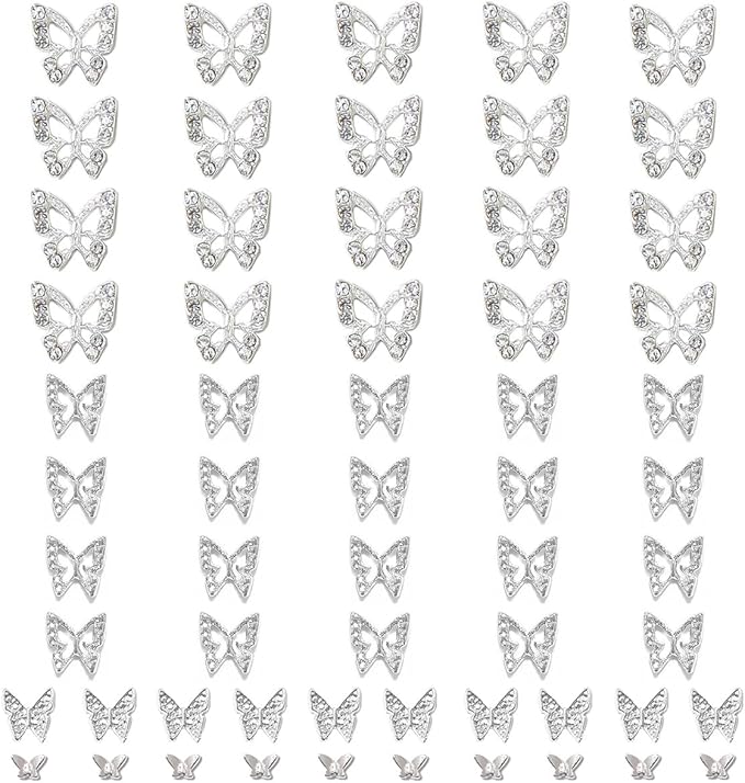 Silver Butterfly Nail Charms, 40pcs 3D Charms for Acrylic Nails, 20 Butterflies Rhinestones Gems +20 Alloy Studs, Art Jewels Diamonds Decor Supplies Nails DIY