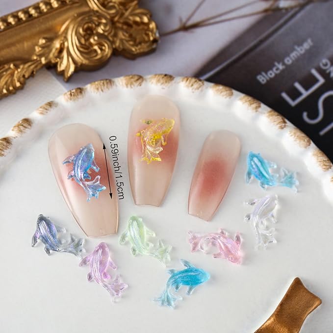 100PCS Beach Nails Charms, Summer Ocean Series 3D Resin Nail Rhinestone Mixed Dolphin Nail Gem for Women Girls Manicure DIY Crafts Accessories