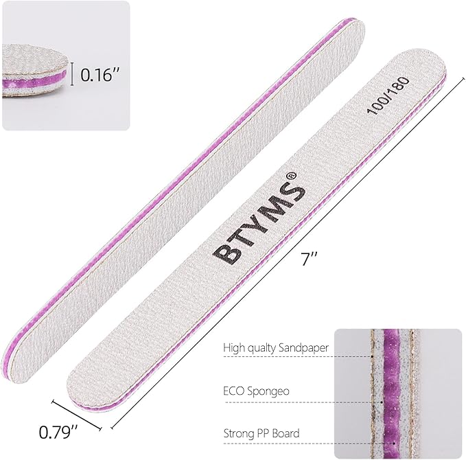 BTYMS 100 Pieces Nail Files 100/180 Grit Double Sided Emery Board Reusable Buffering Files for Natural Nails and Acrylic Nails