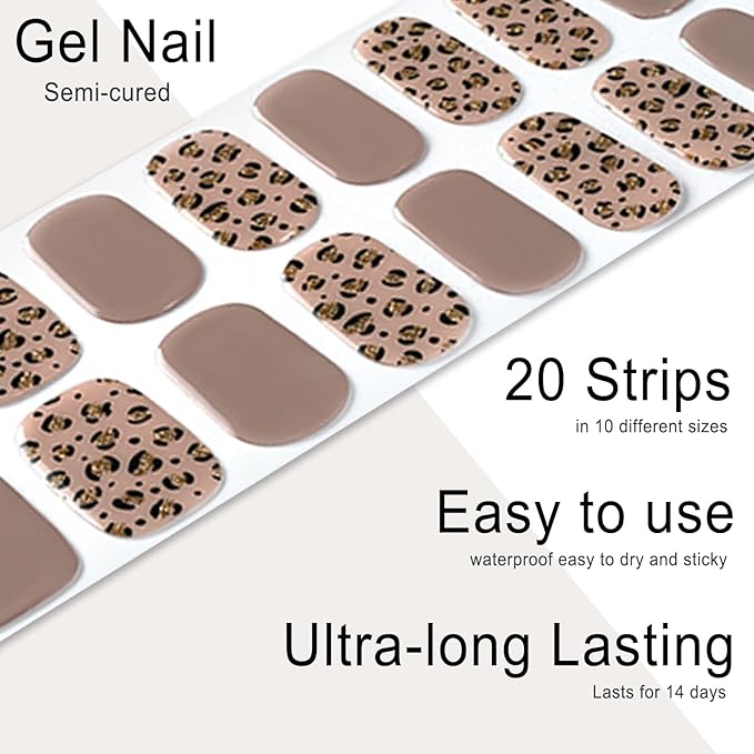 20pcs Semi Cured Gel Nail Strips, Real Nail Polish Art Stickers, Leopard Brown Gel Nail Stickers - Work with Any UV Lamp, Long Lasting Full Wraps with Nails File and Stick