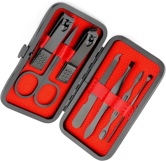 Manicure Set Nail Clippers Nail Tools Christmas Stocking Stuffers Pedicure Supplies Toenail Clippers for Women Men Fingernail Toenail Clipper 8 in 1 Manicure Tools Black with Leather Travel Case