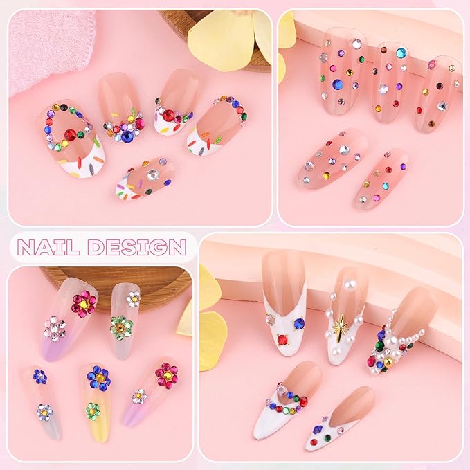 4200Pcs Glass Crystal Small Rhinestones for Nail Art with Nails Rhinestone Glue, Colourful SS3-SS8 Flatback Bedazzling Gems, Nail Rhinestones and Gems Crystals Charms for Acrylic Tips Manicure Decor