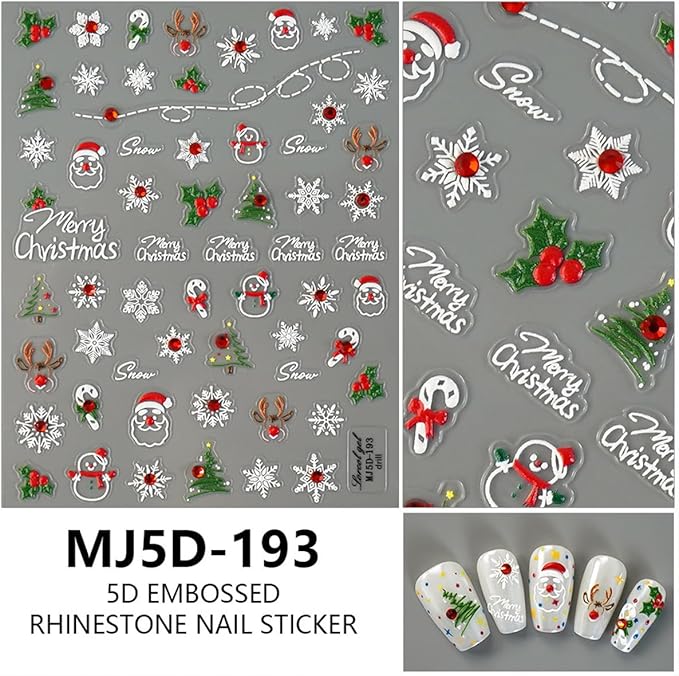 5D Christmas Nail Art Stickers Embossed Snowflakes Nail Stickers Christmas Tree Santa Claus Elk Winter Holiday Nail Design Xmas Nail Decals Nail Art Supplies for Christmas Nails DIY Manicure