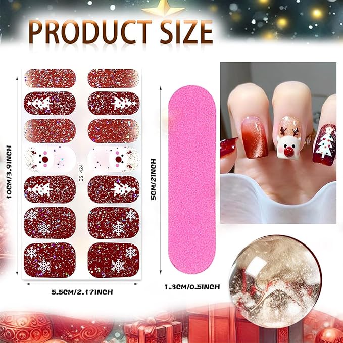 4 Sheets Christmas Gel Nail Stickers Snowflakes Gel Nail Polish Strips Xmas Elk Glitter Self-Adhesive Design Cute Winter Stickers Reindeer Full Wrap Gel Nail Strips Stickers for Acrylic Manicure DIY