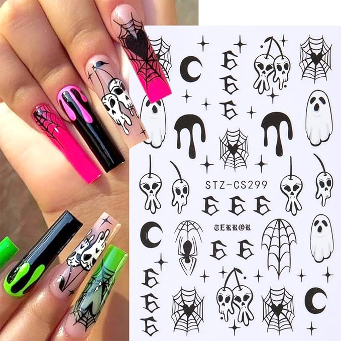 6Sheets Halloween Ghost Nail Stickers for Nail Art Set - 3D Skull Spider Heart Pumpkin Flame Star Cartoon Cute Designs Nail Decals Foil Transfer Sliders Holiday Party Halloween Manicure Decorations