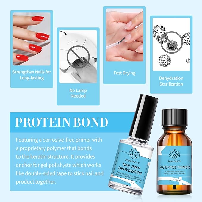 Born Pretty Nail Dehydrator and Primer, Nail Prep Dehydrator Acid Free Nail primer, Cuticle Oil for Nails, Base and Top Gel Coat Nail Supplies Functional Nail Set 5PCS