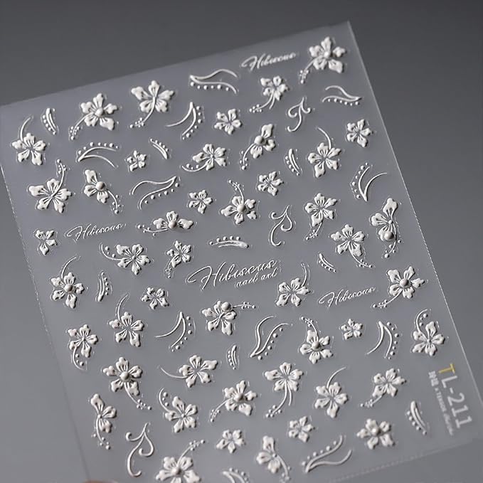 2 Sheets 5D Embossed Flower Nail Art Stickers Summer Spring Nail Stickers for Nail Art Aurora White Nail Decals Self Adhesive Nails Supplies for Women Girls