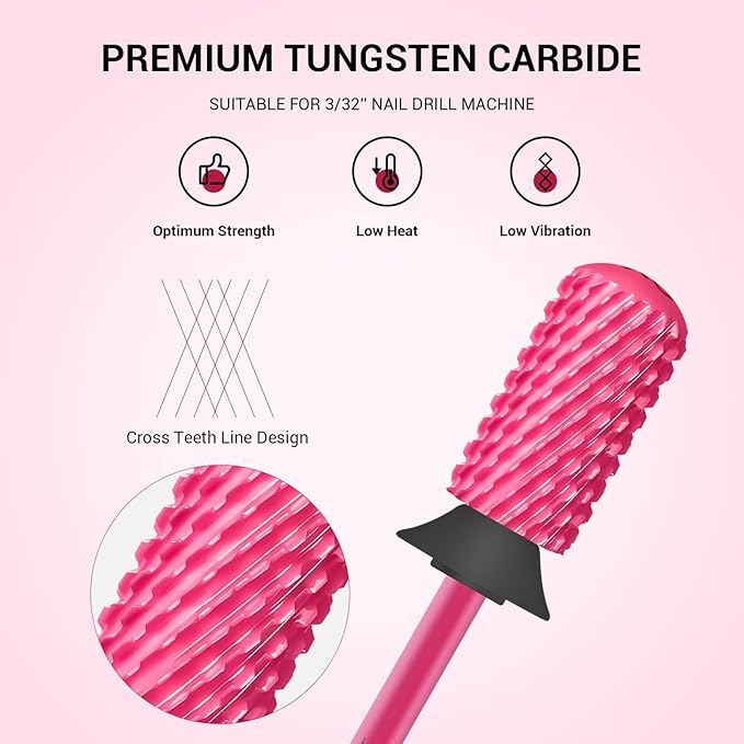 MelodySusie Safety Nail Drill Bits, 3/32'' Smooth Round Top Large Barrel Carbide Bits, Suitable for Manicure Pedicure Cuticle Gel Polishing, Beginners Bits, Pink Blossom, Series Bit-S, XC