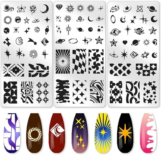 3Pcs Fantasy Stars Nail Stamping Plate Planets Sun Moon Nail Art Stamp Templates Stainless Steel Reusable Tools with Stamper Scraper for Manicure Printing