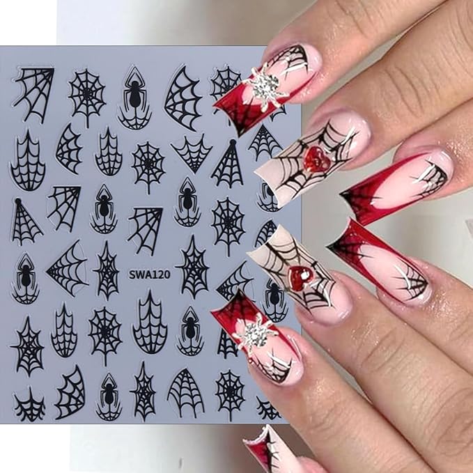 8Pcs Spider Nail Art Stickers 3D Self Adhesive Horror Goth Nail Decals Black White Gold Silver Halloween Nail Stickers Holiday Nail Design Supplies Spider Web Sticker for Women Manicure Decoration