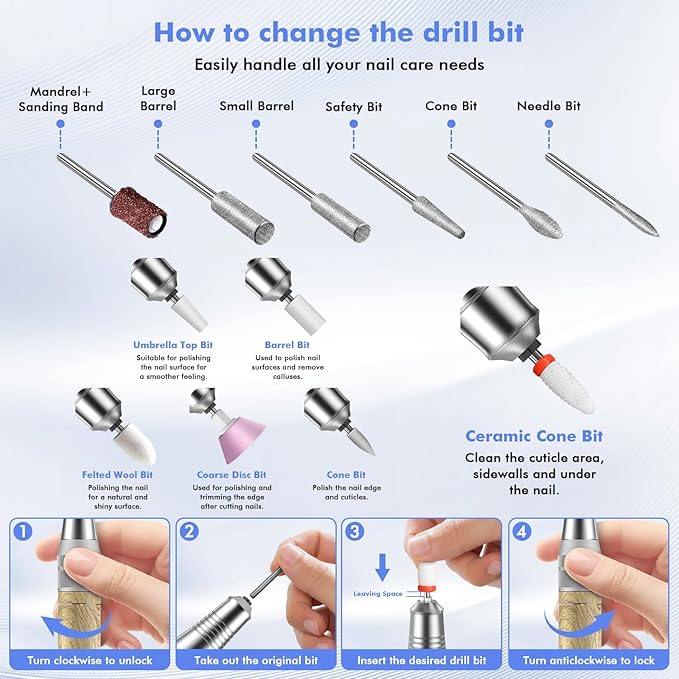 35000RPM Nail Drill Professional, Rechargeable Electric Nail File，Cordless Nail File Portable Efile for Acrylic Gel Nails Remove, 12Pcs Nail Drill Bits, Super Silent Shockproof and not hot