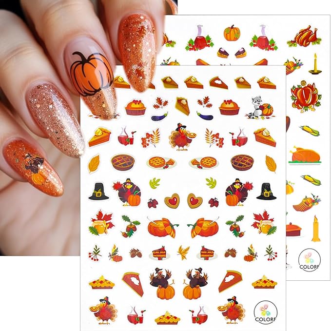 8 Sheets Fall Nail Stickers for Nail Art 3D Self-Adhesive Exquisite Maple Leaf Pumpkin Nail Decals Cute Fox Turkey Nail Design Stickers Thanksgiving Holiday Nails Art Supply for Women Acrylic Manicure