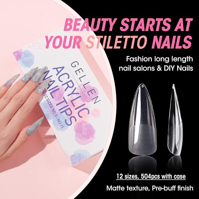 Gellen Stiletto Fake Nails 504Pcs Nail Tips, Acrylic Nail Kit Stiletto Pre-Shaped Press On Nails, Clear False Nail Extension Kit, Full Cover Soft Gel Nail Tips, Salon Nail Art Manicure Set, 12 Sizes