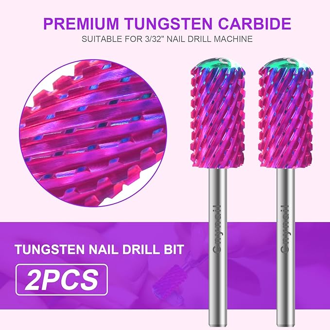 3/32" 2PCS Large Barrel Smooth Round Top Tungsten Carbide Nail Drill Bit Safety Bit for Gel & Acrylic Removal, 2-Way Rotating Efile Tip, Salon Electric File Accessory (XXC Grit, Purple)