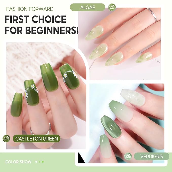 PEACECOLOR Green Jelly Gel Polish Set, 6 Colors 10ML Transparent Clear Green Collection Jelly Gel Nail Polish Set Fall Nail Art Design Home Salon DIY Gifts for Women