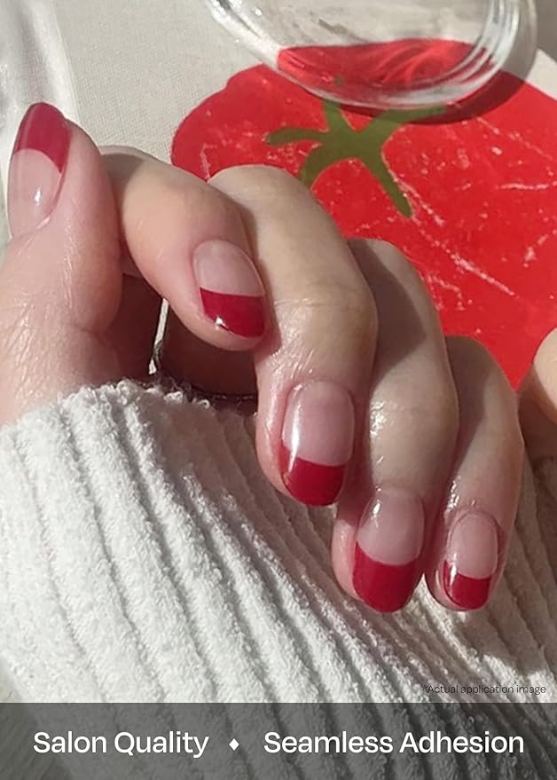 ohora Semi Cured Gel Nail Strips (N Ruby French) - Red, French, Works with Any UV/LED Lamps, Salon-Quality, Long Lasting, Easy to Apply & Remove - Includes 2 Prep Pads, Nail File & Wooden Stick