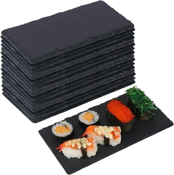 16 Pack 4 x 8 Inch Slate Cheese Boards, Black Rectangle Slate Charcuterie Boards, Natural Charcuterie Stone Plates for Parties, Gifts, and Special Events, Cheese, Sushi, Food.