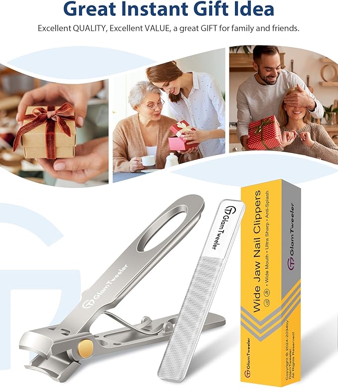 Anti-Splash Wide Jaw Opening Nail Clippers - GlamTweeler Ultra Sharp Extra Large Wide Opening Fingernail and Toenail Clipper with Glass Nail File (Champagne_Curved)