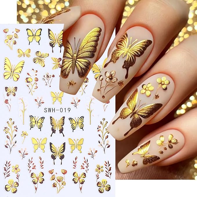 4 Sheets Gold Butterfly Nail Stickers for Nail Art, 3D Self-Adhesive Flower Leaf Boho Butterfly Nail Decals, Nail Supplies Nail Art Designers Accessories for Women and Girls Manicure DIY Decoration