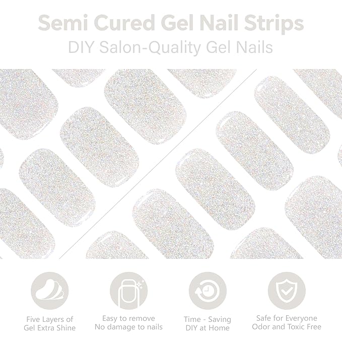 Semi Cured Gel Nail Strips-Works with Any UV/LED Lamps(Gleam Silver)