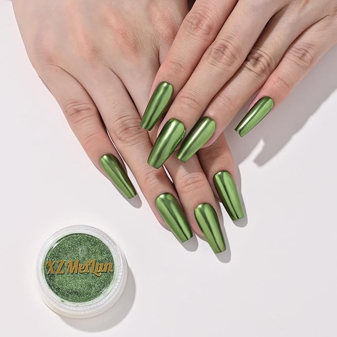 Sage Green Magic Mirror Chrome Nail Powder, Big-Capacity 1.5g Metallic Dust Holographic Effect Powder Pigment Glitter Manicure Kit, Nail Art, Can Mixed with Builder Gel Nail Polish for Use