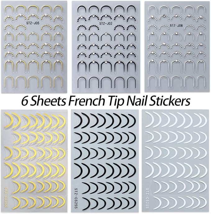 French Tip Nail Stickers for Nail Art 6 Sheets Crystal Diamond Nail Design Decals 3D Self-Adhesive Black Gold Silver French Line Nail Art Stickers Nail Tips Sticker Manicure DIY Decoration for Women