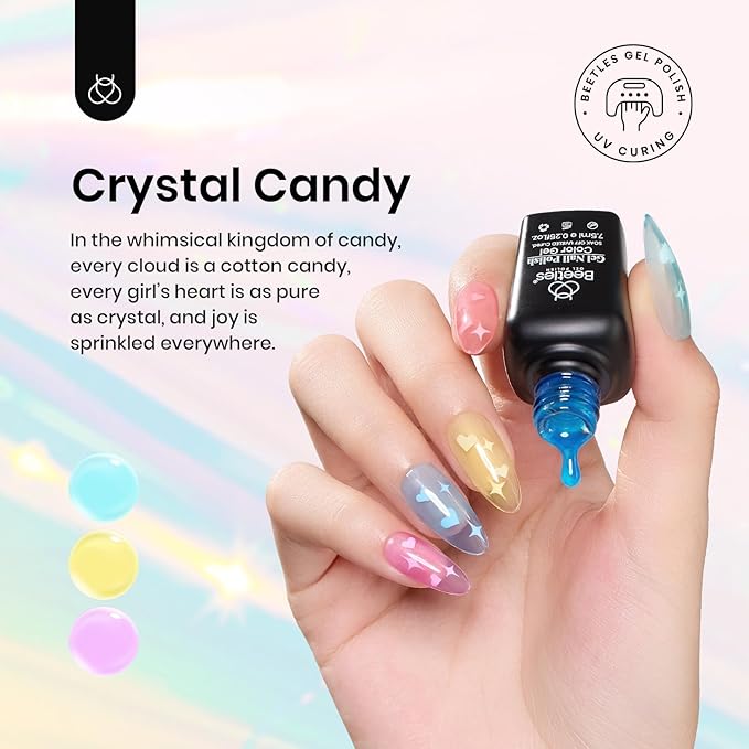 Beetles Pastel Gel Nail Polish Set, 6 Colors Jelly Pink Red Blue Green Purple Yellow Gel Polish kit Spring Summer Crystal Glass Translucent Effect Rainbow French Nail Art Soak Off UV Gift for Women