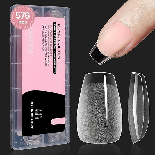 Beetles Gel Nail Tips Extra Short Coffin 576Pcs 12 Sizes - Pre-Etched Shaped Half Matte Soft Nail Tips Press On Nails Full Cover False Nails Acrylic Fake Nail Extension Kit Gift for Women
