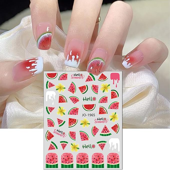 Fruit Nail Stickers 6Sheets Summer Nails Art Stickers 3D Mixed Cherry Watermelon Strawberry Lemon Flower Nail Design Nail Decals Colorful Fruit Nail Art Supplies for Women Manicure Decoration