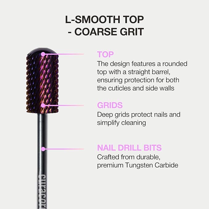 Curacoro Nail Drill Bits 3/32'' - L-Shaped Smooth Stop Barrel Carbide Bit (Coarse) for Professional Finish, Fast Remove, Shape & Smooth Acrylic or Gel Nails, Nail Art Pedicure Manicure Salon & Home