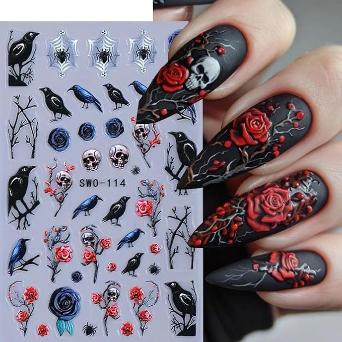 Halloween Nail Art Stickers Decals Black Style 5D Halloween Nail Stickers 2PCS Birds Skull Rose Spider Web Designs Nails Adhesive Decals Nail Art Supplies Holiday Manicure Sliders for Women