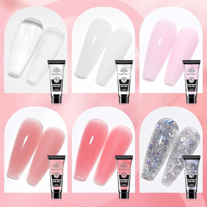 BORN PRETTY Poly Nail Extension Gel Kit-6 Colors Poly Nails Gel Kit Nude Clear Jelly Pink All In One Kit Builder Glue Gel with Nail Lamp Base Top Coat Set Nail Forms French Manicure Set for Beginner Starter DIY at Home Mother's Day Gifts