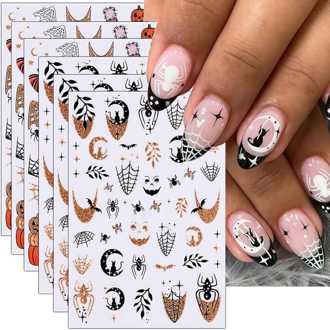 Halloween Nail Stickers Glitter Gold Spider Web Ghost Pumpkin Nail Decals 3D DIY Self Adhesive Nail Design Sticker Halloween Nail Decoration Supplies Holiday Manicure Accessories for Women Girls 6Pcs