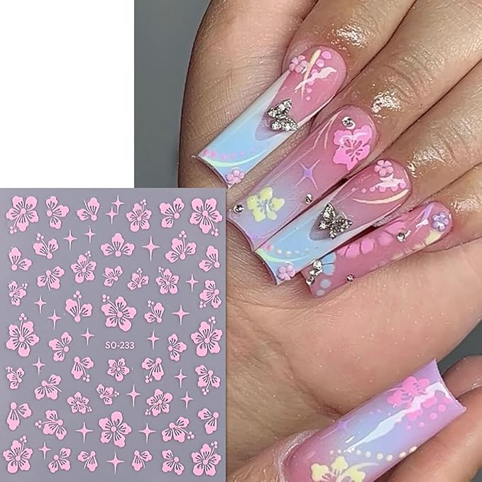 6Sheets Flower Nail Stickers for Nail Art, Hibiscus Flowers Nail Decals White Pink Gold Flower Star Pattern Flowers Nail Design 3D Self-Adhesive Hibiscus Nail Art Stickers Manicure Tips for Women