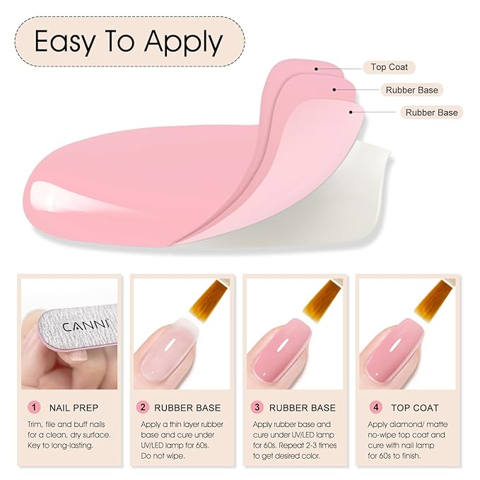 CANNI Rubber Base Gel – 9ml Peach Pink Base Coat Gel, Natural Cover Strengthening for Weak Nails, Soak Off UV LED for DIY Salon Manicure