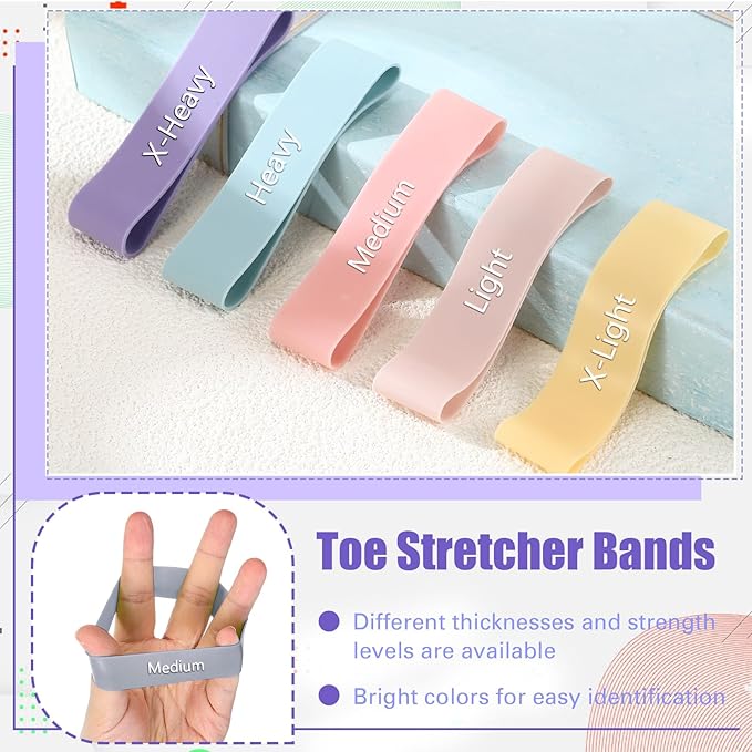 Set of 5 Toe Stretcher Bands for Bunions Correction Foot Big Toe Spacers Resistance Straightener Loop Bands with Carry Bag for Women Men Hallux Valgus Alignment Yoga Exercise (Pastel)