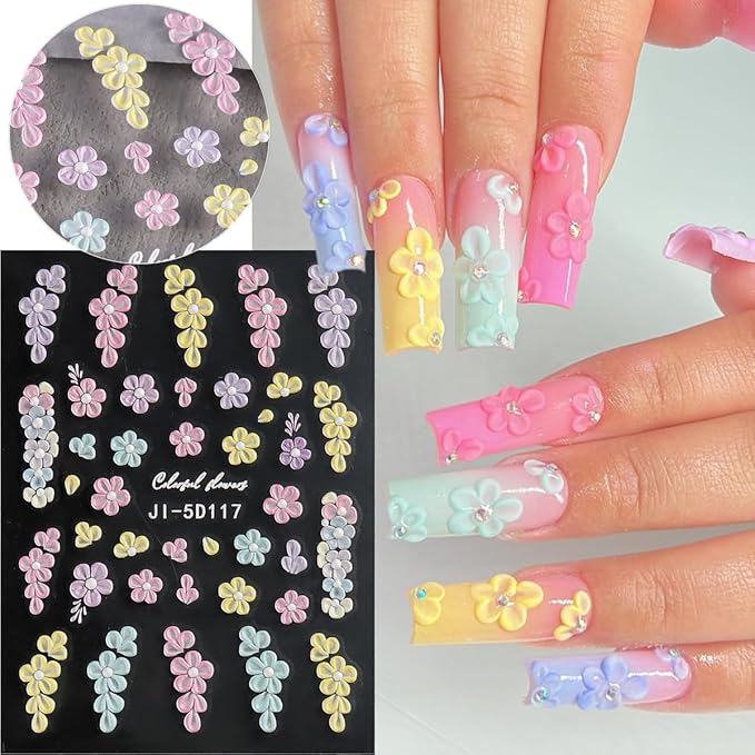 5D Embossed Flower Nail Stickers, 5PCS Colorful Floral Nail Art Stickers Pink Cherry Blossom Hibiscus Daisy Nail Decals Self-Adhesive Pegatinas para Uñas Spring Summer Decoration