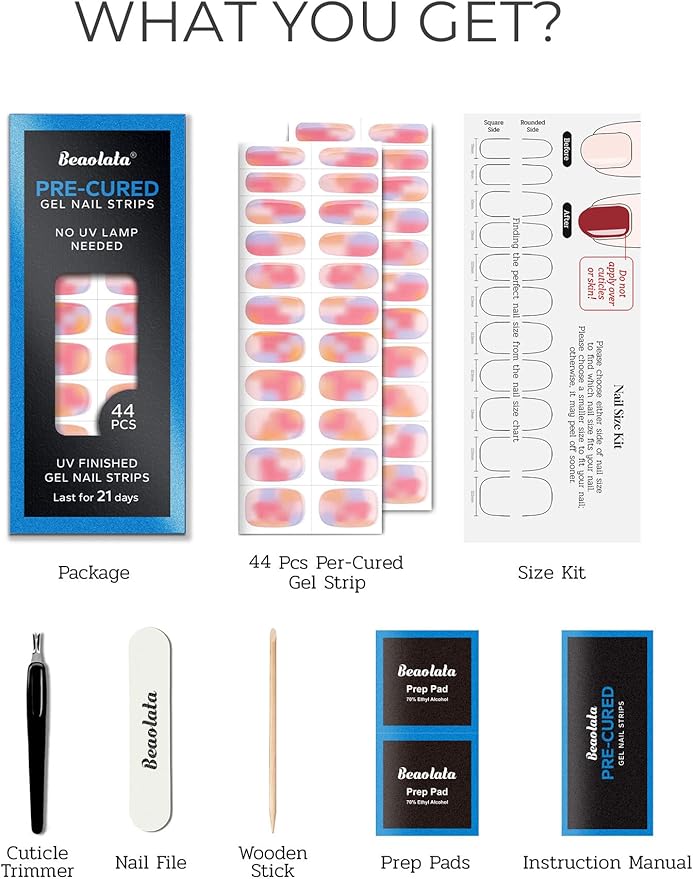 Pre Cured Gel Nail Strips - 44PCS Salon Quality Gel Nail Stickers - Long Lasting Polish Wraps for Women no UV Light Needed Easy Apply& Remove (Shimmer Pink)