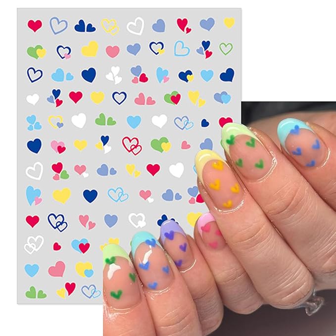 Valentine's Day Nail Art Stickers - Cute Colorful Heart Nail Decals, Self-Adhesive Rainbow Pride Love for DIY 3D Nail Supplies Decoration (4 Sheets)