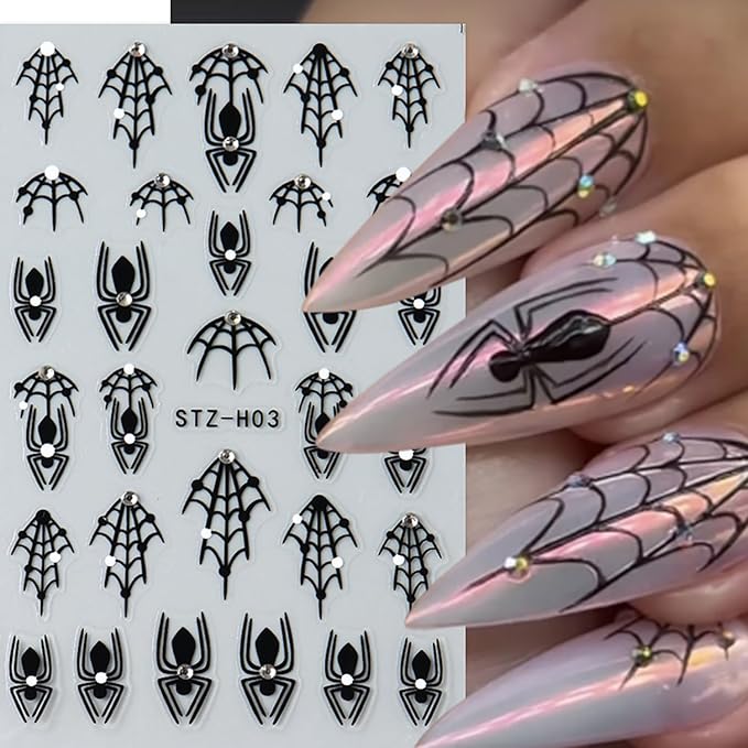 4 Sheets Halloween Nail Stickers for Nail Art, Spider Nail Decals Self Adhesive Black Nail Art Stickers Spider Web Nail Decorations with Rhinestone Halloween Manicure Supplies for Women and Girls