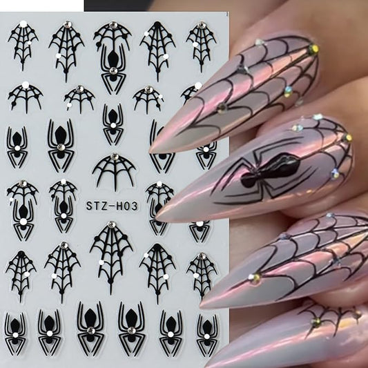 4 Sheets Halloween Nail Stickers for Nail Art, Spider Nail Decals Self Adhesive Black Nail Art Stickers Spider Web Nail Decorations with Rhinestone Halloween Manicure Supplies for Women and Girls
