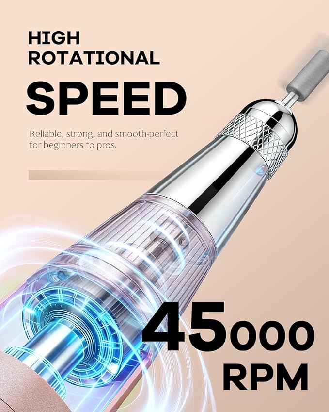 45000 RPM Nail Drill - Brushless Cordless Efile LCD Display & Heat Reduction Tech for Acrylic Gel Nails (Pink)
