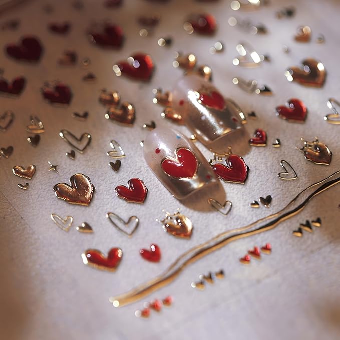 Red Valentine's Day Nail Stickers - 5D Embossed Heart Decals for Nail Art Design - Gold Heart Supplies for Women DIY Manicure Decoration