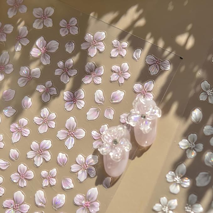 4 Sheets Flowe Nail Art Stickers Decals Summer Floral Nail Stickers Pink Blue White Yellow Nails Adhesive Decals Manicure Sliders Accessories for Women DIY Nail Art Decorations