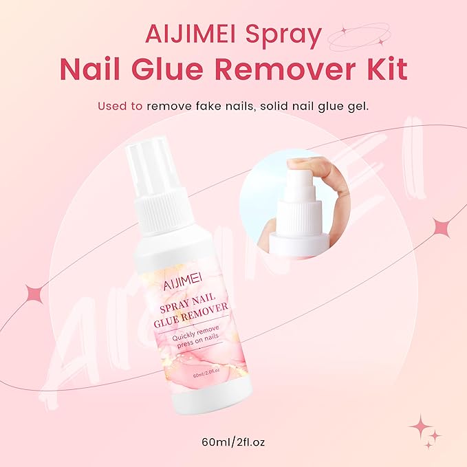 AIJIMEI Press on Nail Remover Kit Spray Nail Glue Remover with Crystal Rod NailPolish Remover Pads NailGlue Remover for Press On Nails for Easy Removal Debonder (60ml/2fl.oz)