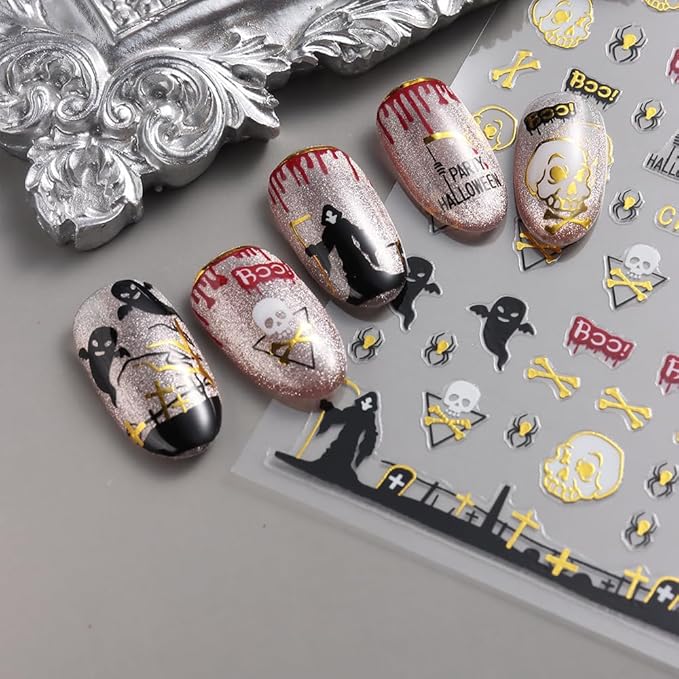 Halloween Nail Art Stickers, Ghost Nail Decals 3D Self-Adhesive Horror Ghost Skull Spider Web Bat Pumpkin Glitter Nail Design 8PCS Halloween Nail Art Supplies for Women Decoration